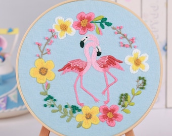 Embroidery Kit Full kit,Flamingo Embroidery Pattern,Hand Embroidery kit,DIY Embroidery kit,Diy Kit adult kids gift for her - English Guide