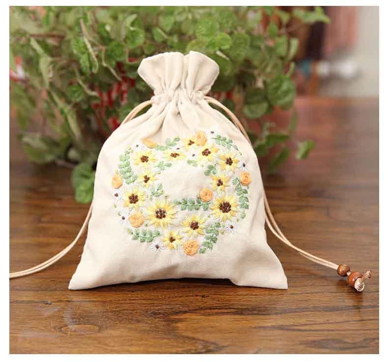 Hand Embroidery Drawstring Bag,floral Beginner Embroidery Kit