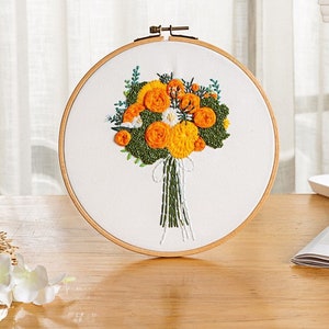 Floral Beginner Embroidery Kit Modern Flower Plant Hand Embroidery Full Kit DIY Floral Needlepoint Hoop Wall Art Kit Pattern F