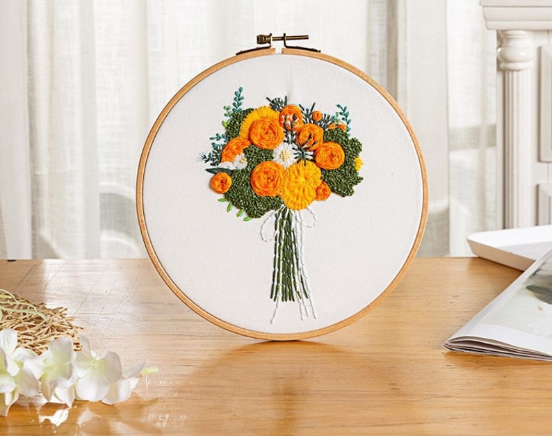 Floral Beginner Embroidery Kit Modern Flower Plant Hand Embroidery Full Kit DIY Floral Needlepoint Hoop Wall Art Kit Pattern F