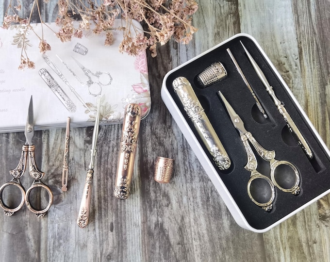 Victorian Needlework Kit,5 PCS Vintage Style Embroidery Kit,Sewing Kit,Sewing case,Antique style,Embroidery/Sewing scissor,Sewing supplies