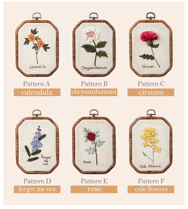 Beginner Embroidery Kit Modern Flower and Plant Hand Embroidery Full Kit DIY 3 Dimensional Floral Embroidery Hoop Wall Art Kit A+B+C+D+E+F