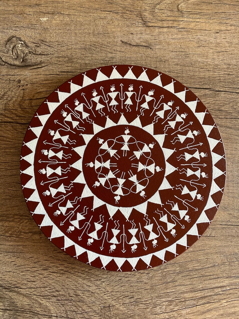 Indian Art Wall Decor Acrylic Painting Tribal Art Round Canvas Painting Warli Art on Round Canvas Home Decor Warli Painting