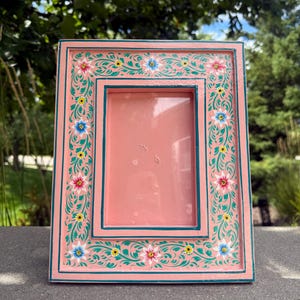 Hand-Painted Wooden Photo Frame | Pink Floral Decorative Frame | Tabletop Picture Frame | Boho Home Decor Gift