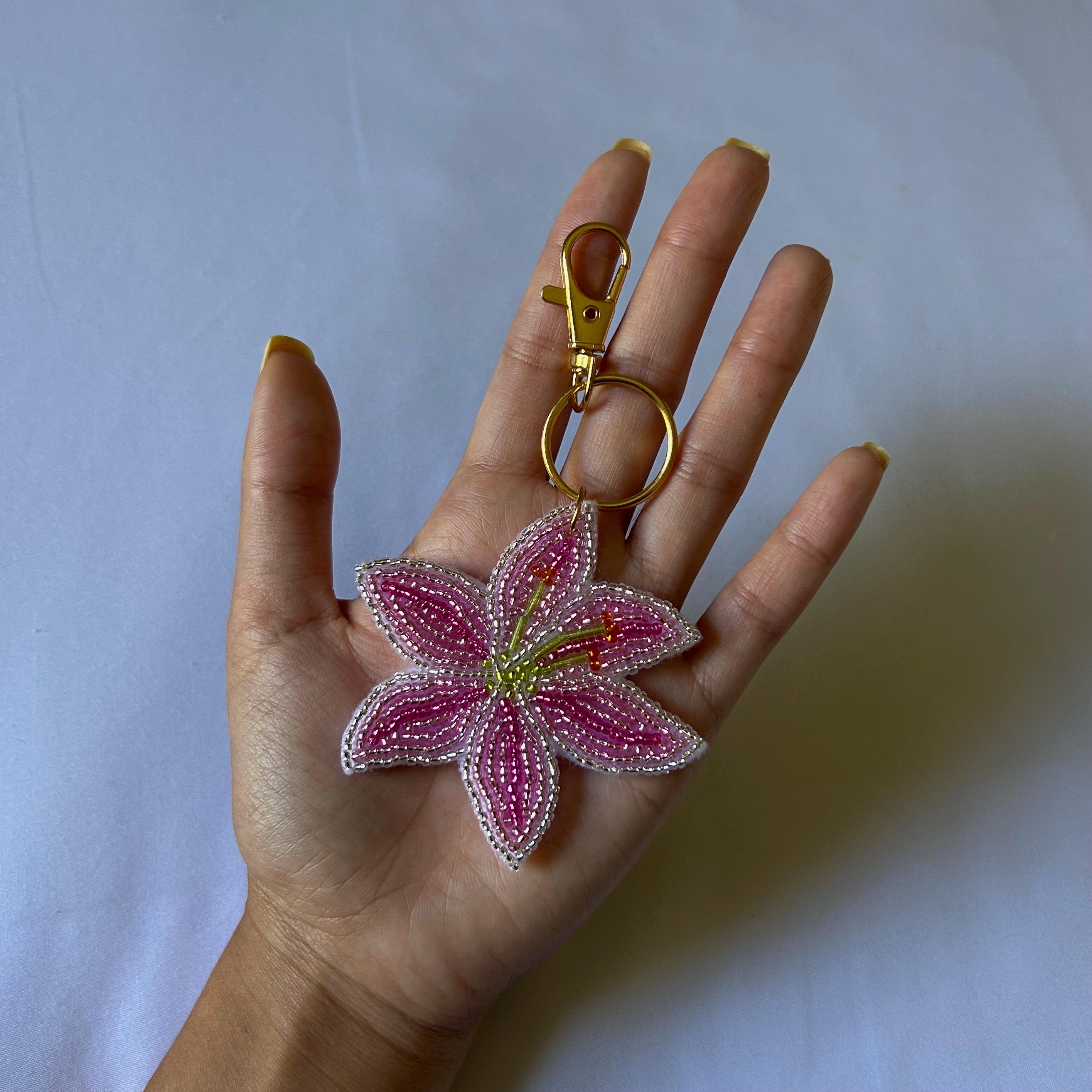 Stargazer Lily Bag Charm | Floral Beaded Keychain | Pink Flower