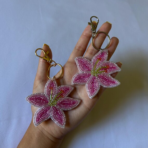 Stargazer Lily Bag Charm | Floral Beaded Keychain | Pink Flower