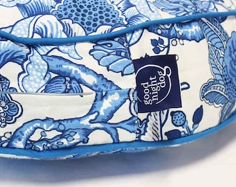 Bridget Round Dog Bed, Blue, White Jacobean Floral Pattern Dog Bed in 3 Sizes, Dog Bed Fabric Covers, Pet Furniture