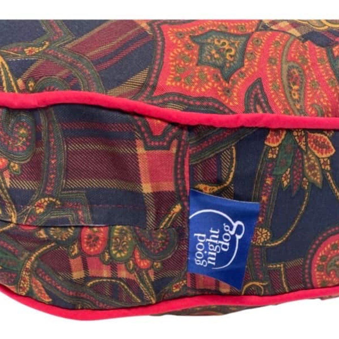 Aristocrat Round Dog Bed, Red Navy Floral and Plaid Print Dog Bed in 3