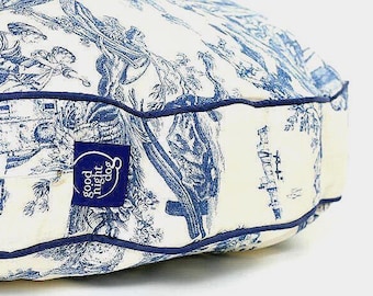 Blue Toile Round Dog Bed, Toile Dog Bed in 3 Sizes, Dog Bed Fabric Covers, Pet Furniture