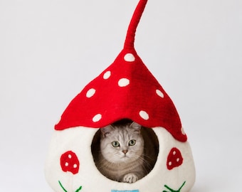 Gnome Wooly Felted Cat Cave: Handmade New Zealand Wool Pet Bed