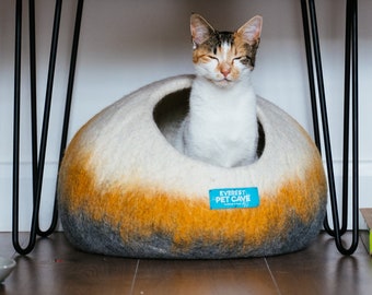 Mixed Yellow Grey Hue Cat Cave Bed, Everest Pet Cave, Handmade using 100% New Zealand Merino Wool, Caves for Cats & Small Doggos