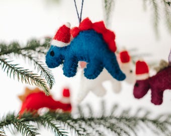 Wool Stegosaurus Christmas Ornament Set: Handmade Dinosaur Decor