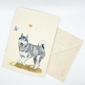 Husky-wenskaart A6-formaat, gedrukt op handgemaakt Nepalees Lokta-papier, duurzaam papier, handgemaakt, wordt geleverd met een handgemaakte envelop