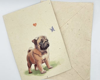 Brown Pug Greeting Card: Handmade Lokta Paper, A6 Size