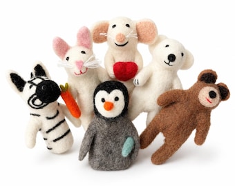 Handmade Felted Finger Puppets: New Zealand Wool Animal Set