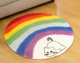 Felted Wool Rug: Rainbow Cat Design, Handmade New Zealand Wool