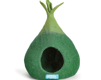 Handmade Merino Wool Cat Cave Bed: Green Onion Design