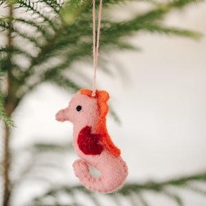 Pink Sea Horse Ornament, Hanging Christmas Tree Ornament, Felted Seahorse, Handmade, 100% Wool, Gift for Christmas, Needle Felted