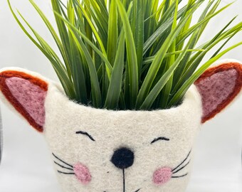 Felted Wool Cat Plant Pot: Handmade White Cat Basket, Small Storage Basket