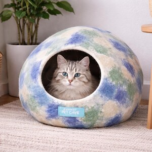 Felt Cat Cave Bed: Europa Blue Wool Pet House (Handmade) image 2