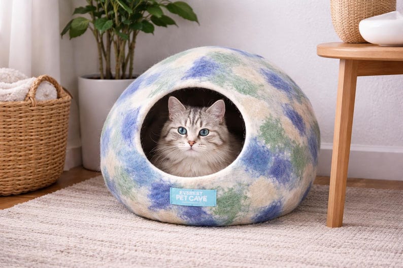 Felt Cat Cave Bed: Europa Blue Wool Pet House (Handmade) image 2