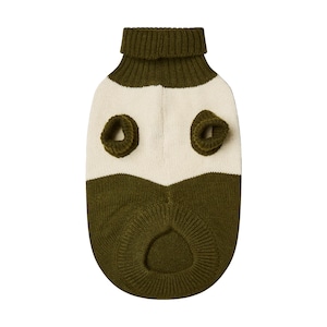 May include: A green and white striped knit sweater for a pet. The sweater has a turtleneck and a hole for the tail.