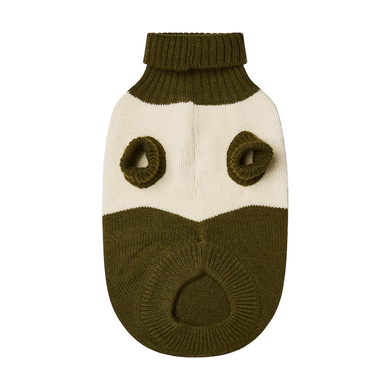 May include: A green and white striped knit sweater for a pet. The sweater has a turtleneck and a hole for the tail.
