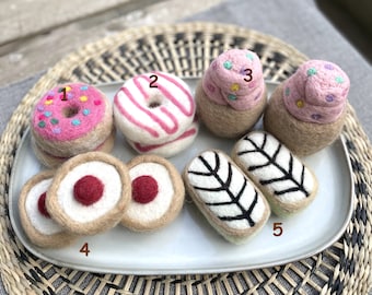 Vilten voedsel voor kinderen, 100% wol, naaldvilt, handgemaakt, vilten donuts, vilten cupcakes, vilten taarten, fantasiespel vilten voedsel