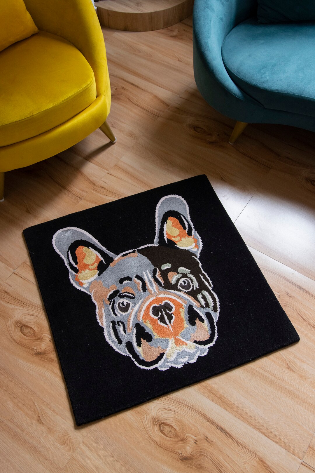 Black Woollen Silk Mix French Bulldog Rug, Frenchie Art, 100 Knot, 80cm ...