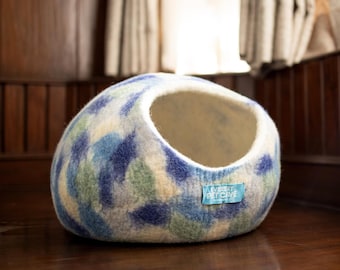 Felt Cat Cave Bed: Europa Blue Wool Pet House (Handmade)