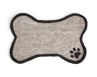 Kommatten voor honden, waterabsorberende wol, botvormige vilten mat grijs, 100% Nieuw-Zeelandse wol, handgemaakt, multifunctionele mat, cadeaus voor honden