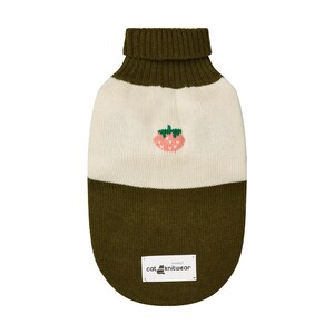 May include: A green and white striped turtleneck sweater for a cat with a pink strawberry embroidered on the front. The sweater has a label that says "cat knitwear" with a cat icon.