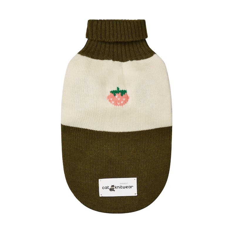 May include: A green and white striped turtleneck sweater for a cat with a pink strawberry embroidered on the front. The sweater has a label that says "cat knitwear" with a cat icon.