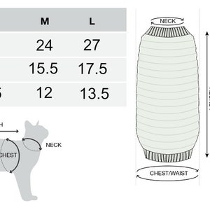 May include: Size chart for a cat sweater in sizes S, M, and L. The chart shows measurements for length, chest/waist, and neck in inches. A diagram shows where to measure a cat for the sweater.