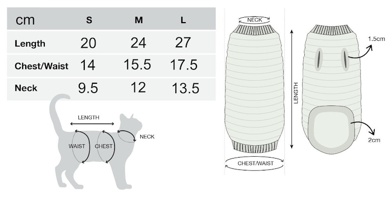 May include: Size chart for a cat sweater in sizes S, M, and L. The chart shows measurements for length, chest/waist, and neck in inches. A diagram shows where to measure a cat for the sweater.