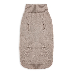 May include: A brown knitted dog sweater with a turtleneck and a cable knit pattern.