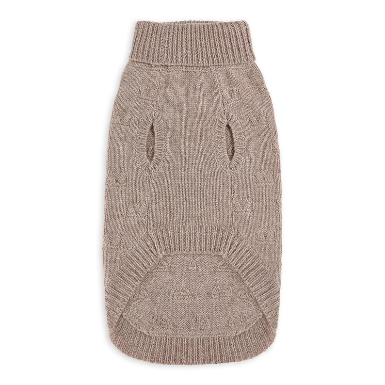 May include: A brown knitted dog sweater with a turtleneck and a cable knit pattern.