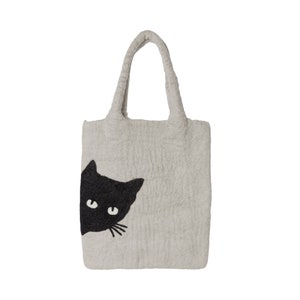 Felted Tote Bag, Cat Tote Carry-on Bag, 100% New Zealand Wool, Supporting Himalayan Artisans, Tote Bag Cat Design, Grey, Eco Friendly