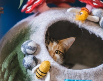 Everest Haustierhöhle, Bienengarten, Katzenhöhle, Handgefertigt aus 100% neuseeländischer Merinowolle, Katzenhöhle, Winterkatzenbett, Kuschelhöhle für Katzen