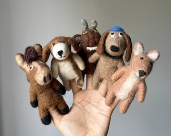 Ensemble de marionnettes à doigts en feutre représentant un chien, un âne, un renard, un chien avec casquette et un monstre, 100 % laine de Nouvelle-Zélande, feutrage à l'aiguille, contes pour enfants