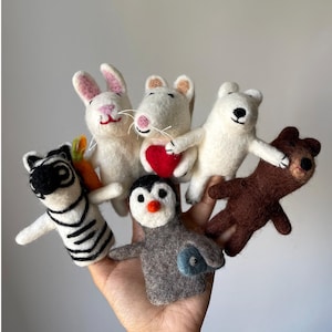 Felted Finger Puppet Set-Bear, Rabbit, Zebra, Handmade Finger Puppets, 100% New Zealand Wool, Needle felted, Storytelling, Gifts for kids