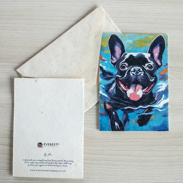 Black French Bulldog greeting card A6 Size, Printed on Nepali Handmade Lokta Paper, Sustainable Paper, Comes with a handmade Envelope