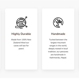 May include: Four icons representing the benefits of buying handmade pet caves. The first icon shows a mountain range with a sun above it and the text "Himalayan Artisans". The second icon shows a ball of yarn with knitting needles and the text "Highly Durable". The third icon shows a hand with the text "Handmade". The fourth icon shows a globe with a leaf and the text "Eco Friendly".