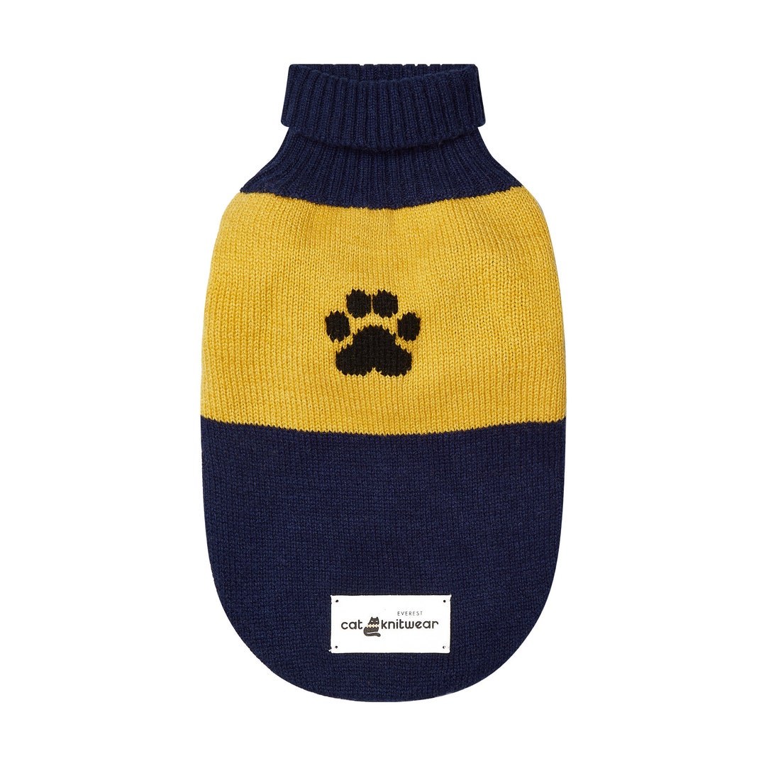 Cat Jumper With Paw Pattern, Blue and Yellow Stripe, Cashmere & Wool