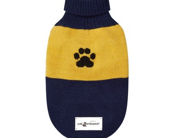 Handmade Merino Wool Cat Jumper: Blue & Yellow Paw Print Knitwear