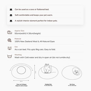 K&ouml;nnte beinhalten: Eine Informationsgrafik f&uuml;r ein Haustierbett aus 100% neuseel&auml;ndischer Wolle und nat&uuml;rlichen Farbstoffen. Sie enth&auml;lt Merkmale, Pflegehinweise und Abmessungen von 50cm Breite und 30cm H&ouml;he. Diagramme zeigen das Bett als H&ouml;hle oder Matte.