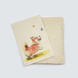 Corgi-wenskaart A6-formaat, gedrukt op handgemaakt Nepalees Lokta-papier, cadeaukaart, handgemaakt, wordt geleverd met een handgemaakte envelop