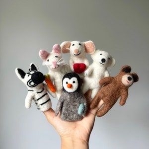 Gefilzte Fingerpuppe Set-Bär, Kaninchen,Zebra, Handgemachte Fingerpuppen, 100% Neuseeland Wolle, Nadel gefilzt, für Kinder All 6