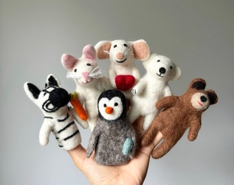 Set di burattini da dito in feltro: orso, coniglio, zebra, burattini da dito fatti a mano, 100% lana neozelandese, feltro ad ago, narrazione per bambini