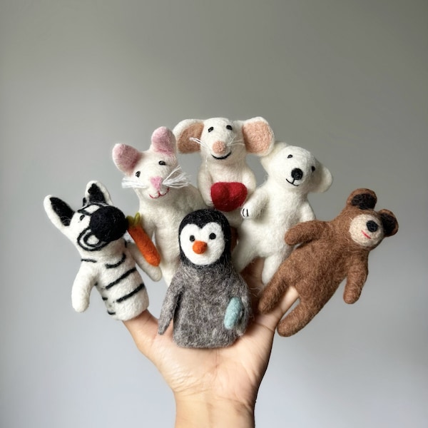 Ensemble de marionnettes à doigts en feutre - Ours, lapin, zèbre, marionnettes à doigt faites main, 100 % laine de Nouvelle-Zélande, feutrage à l'aiguille, contes pour enfants